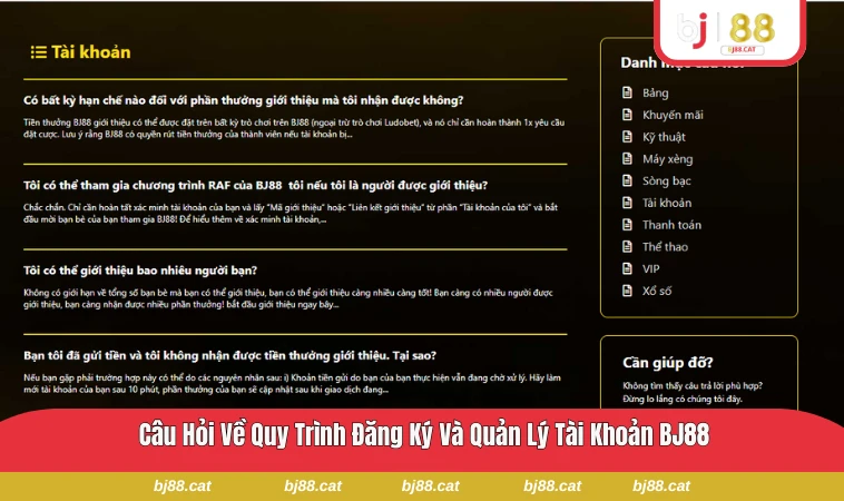 Giao diện đăng ký và quản lý tài khoản BJ88
