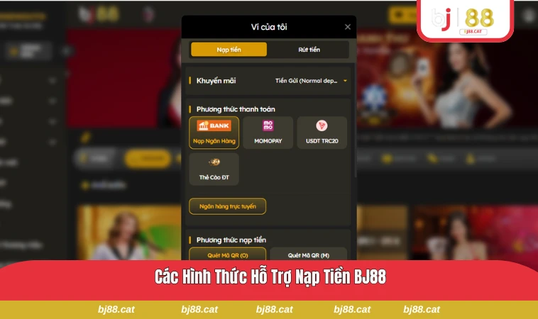 Các phương thức nạp tiền BJ88 được hiển thị trên hệ thống